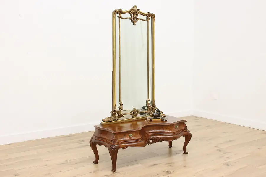 Photo of Italian Rococo Antique Walnut Vanity Dressing Table & Mirror