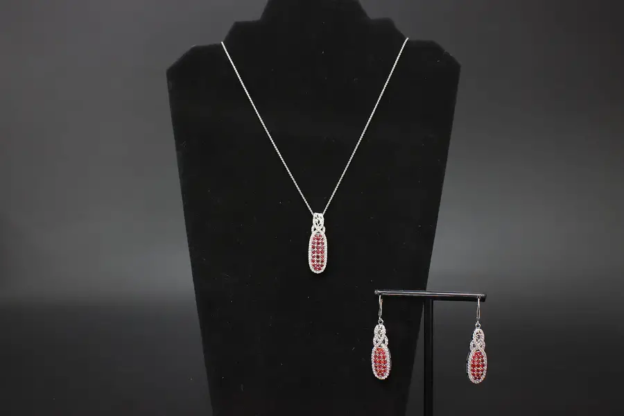 Photo of Sterling Silver Sapphire & CZ Pendant Necklace Earrings Set