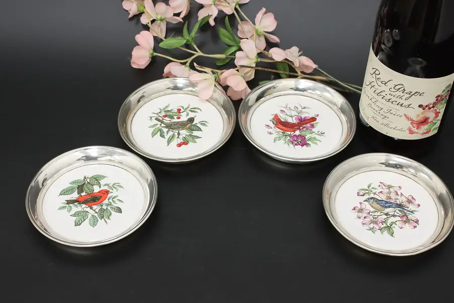 Photo of Set of 4 Vintage Ceramic Bird & Silverplate Drink Coasters