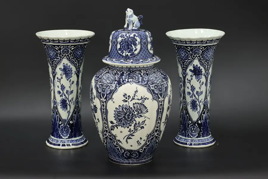 Photo of Dutch 3 Pc Delft Blue Porcelain Urn & Vases Set, Boch