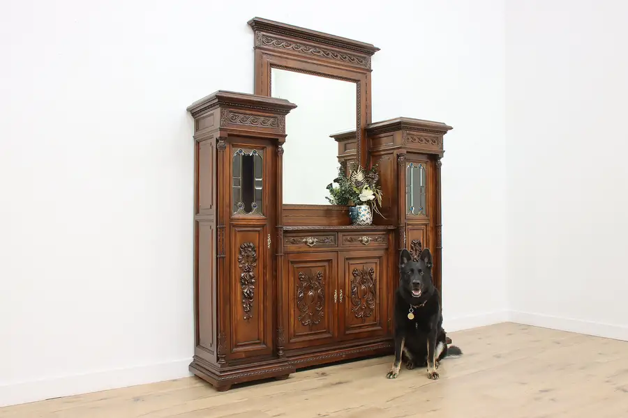 Photo of French Antique Carved Walnut Bar or Display Cabinet, Mirror