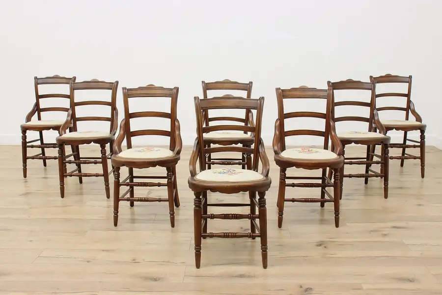 Photo of Set of 8 Victorian Antique Walnut Dining Chairs, Needlepoint