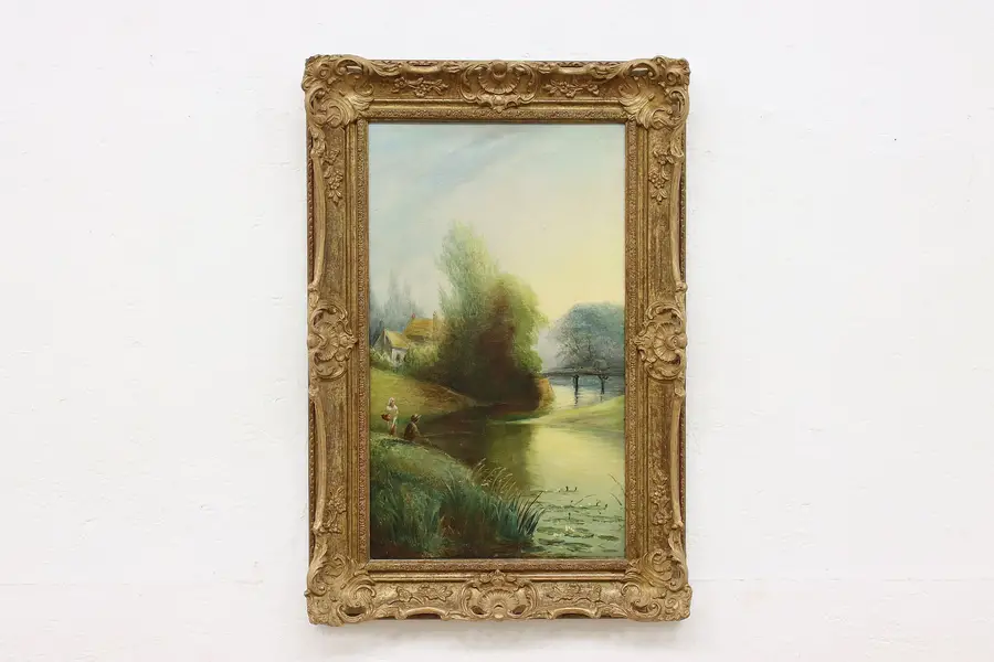 Photo of Riverbank Picnic Antique Original Oil Painting 25.5"