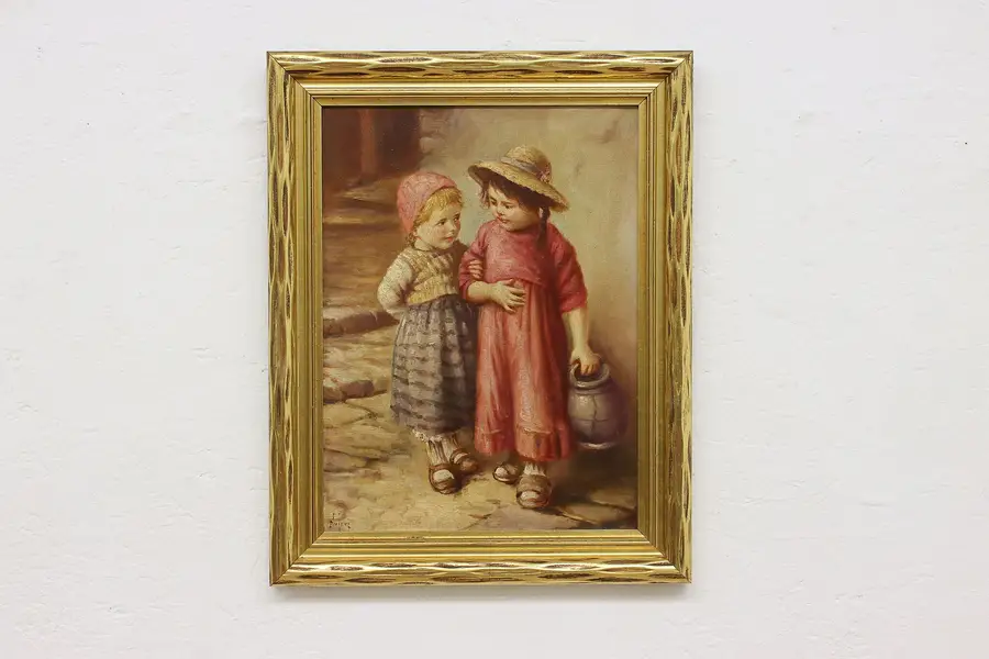 Photo of Childhood Friends Vintage Original Oil Painting Signed 19.5"