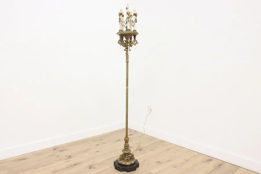 Photo of India Vintage Painted 6 Light Torchiere Floor Lamp Elephants