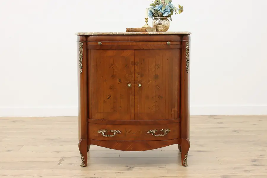 Photo of French Antique Walnut & Inlay Marble Top Bar Cabinet Console