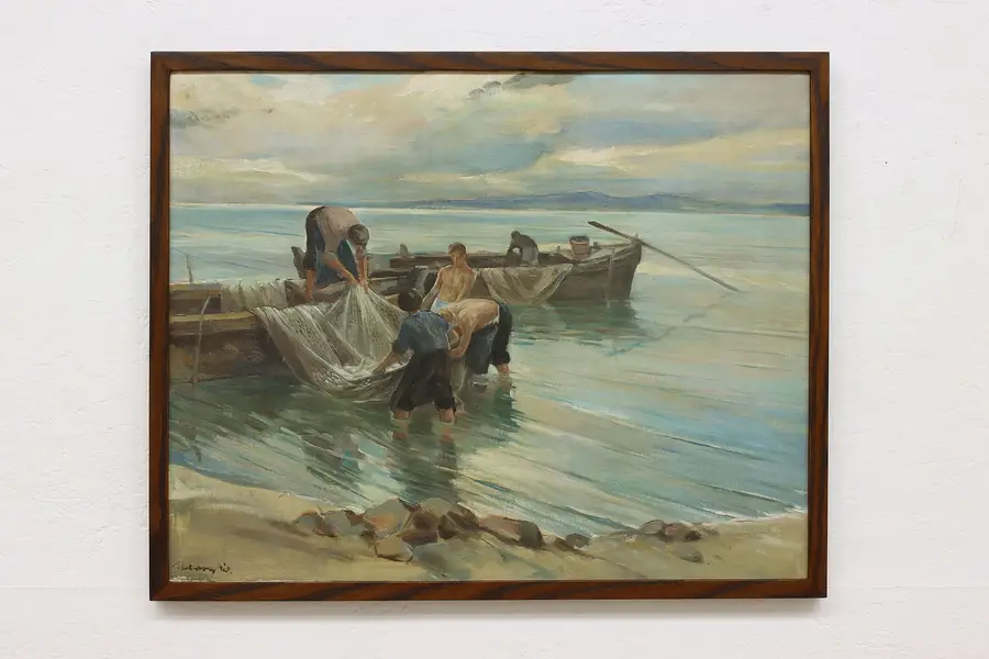 Photo of Fisherman's Catch Antique Original Oil Painting Signed 31.5"