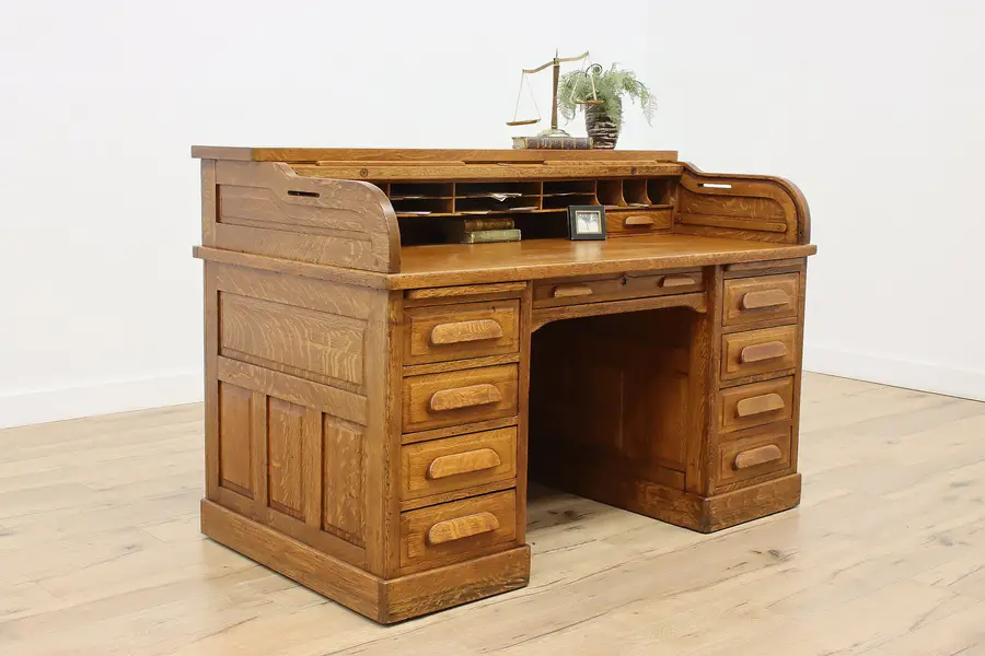 Photo of Arts & Crafts Antique Oak Roll Top Office Desk, Standard