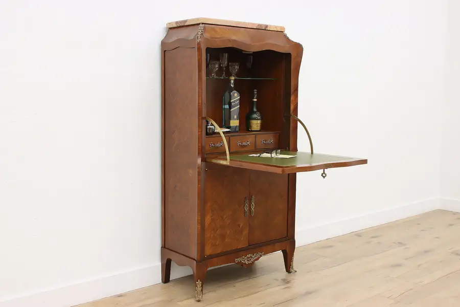 Photo of French Antique Marble & Mahogany Drop Front Secretary or Bar