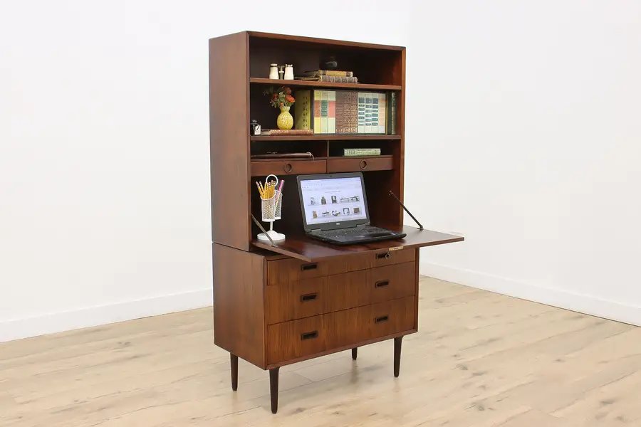 Photo of Midcentury Modern Vintage Drop Front Rosewood Desk Bookcase