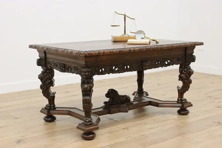 Photo of Renaissance Antique Library Table Office Desk Lions & Crest