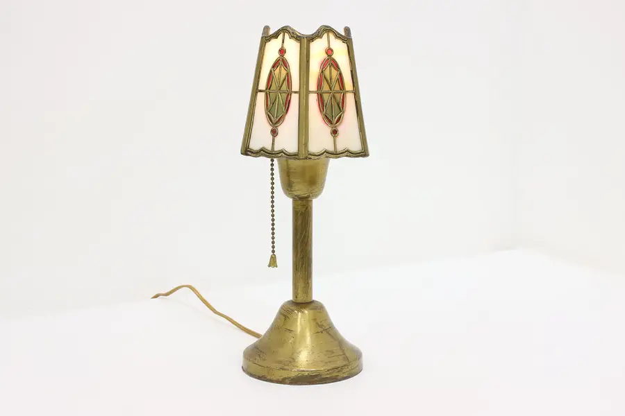 Photo of Arts & Crafts Antique Brass & Stained Glass Boudoir Lamp