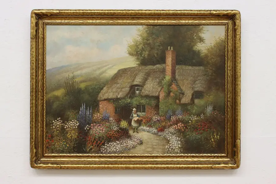Photo of Blooming Cottage Antique Original Oil Painting Signed 41.5"