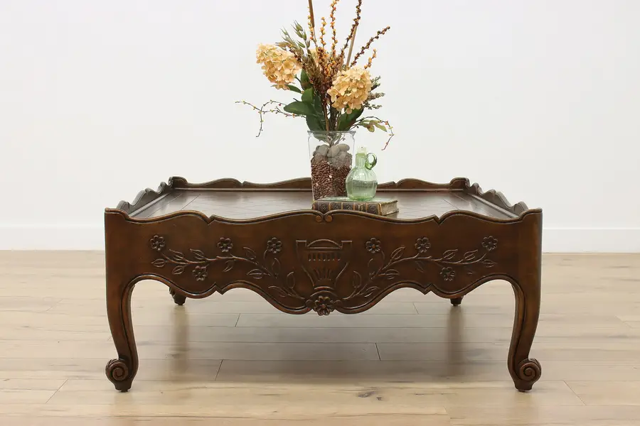 Photo of Country French Vintage Oak Coffee Table Carved Flowers Baker