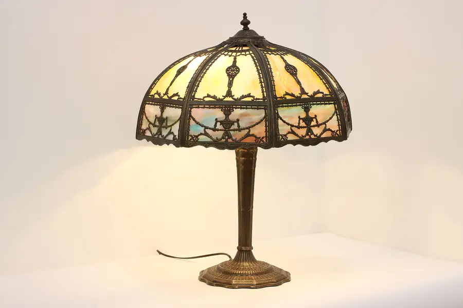 Photo of Victorian Antique Library or Office Lamp Stained Glass Shade