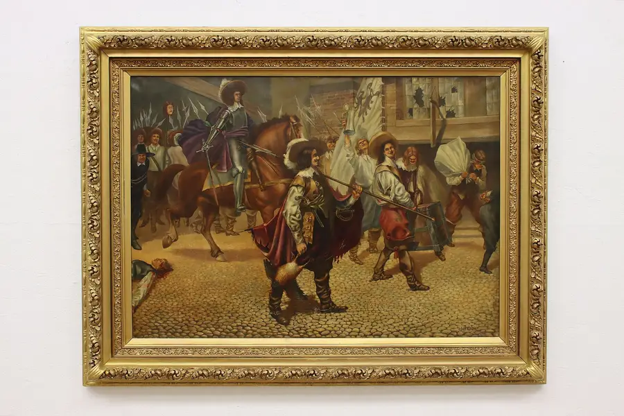 Photo of Spanish Conquerors Antique Original Oil Painting, Klad 60.5"