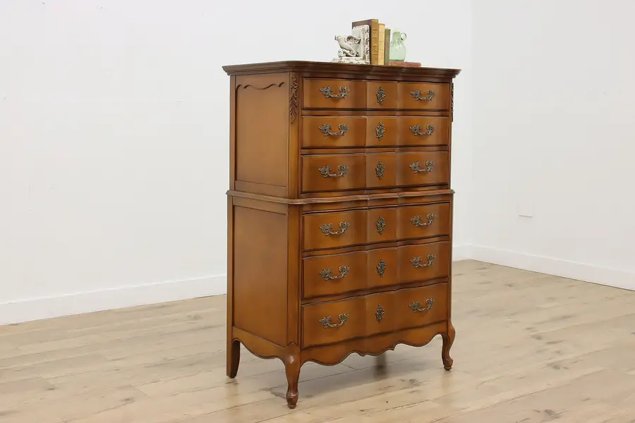 Photo of French Vintage Carved Birch Highboy Chest on Chest Dresser