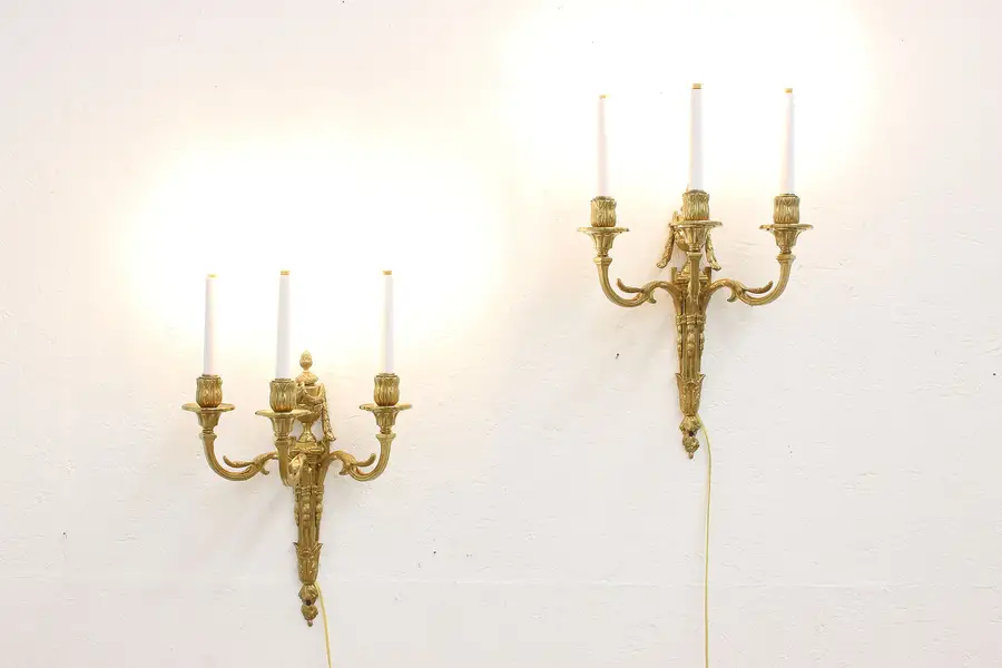 Photo of Pair of Vintage Rococo Brass 3 Candle Wall Sconces Portugal