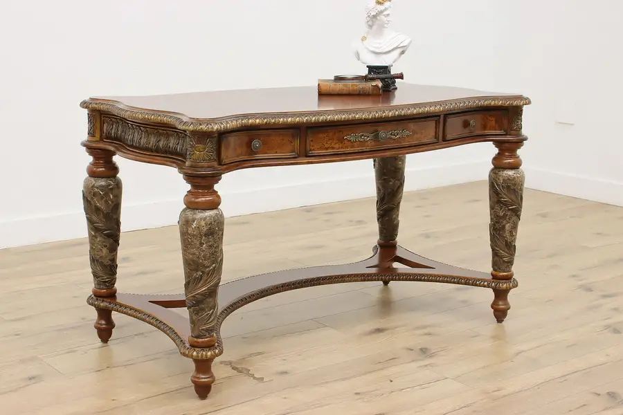 Photo of Renaissance Vintage Marble Cherry Office Library Desk Amini
