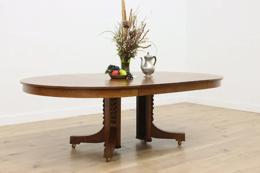 Photo of Craftsman Antique 54" Round Oak Dining Table 90" Lifetime