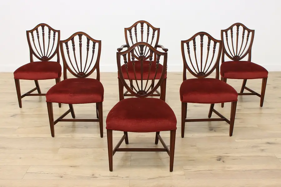 Photo of Set 6 Hepplewhite Vintage Mahogany Dining Chairs Red Fabric