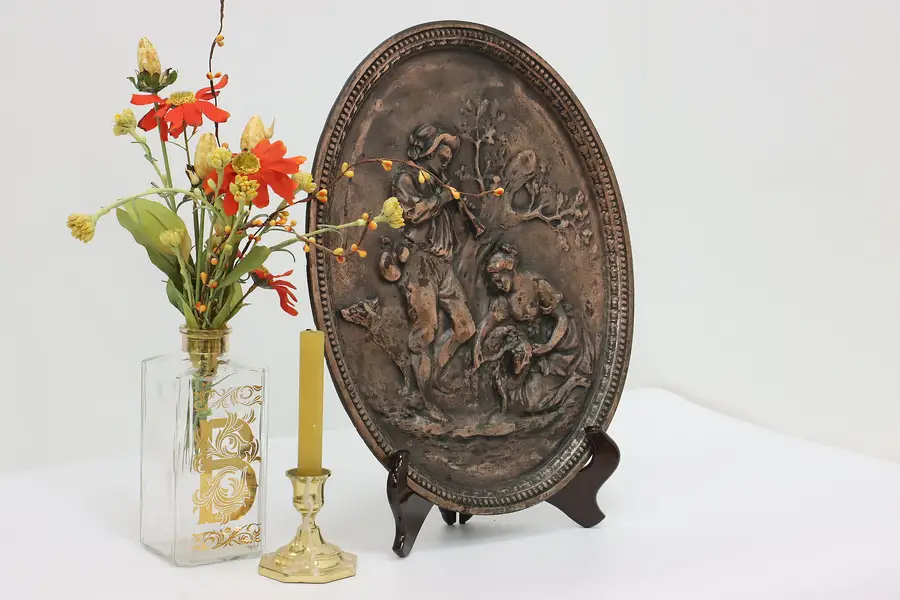 Photo of Victorian Antique Bronze Plated Oval Wall Plaque, Shepherds