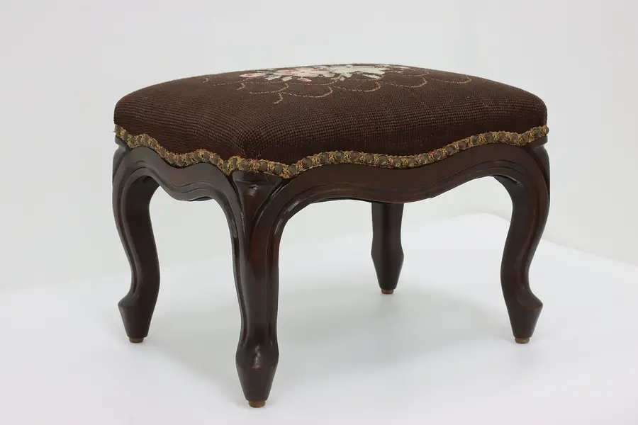 Photo of Traditional Antique Walnut & Floral Needlepoint Footstool