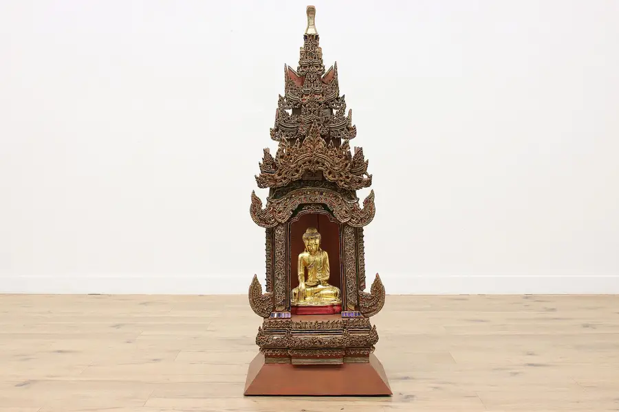 Photo of Burmese Antique Carved & Stained Glass Buddhist Shrine 62"