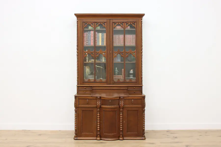 Photo of Gothic Revival Antique Carved Walnut Secretary & Bookcase