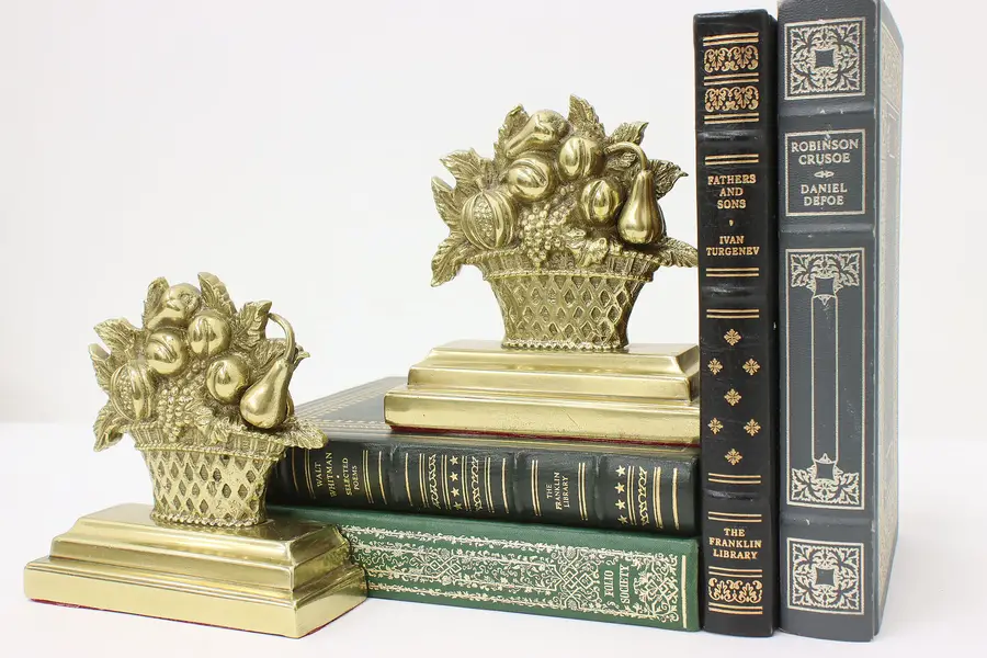 Photo of Pair of Vintage Brass Flower Basket Office Library Bookends