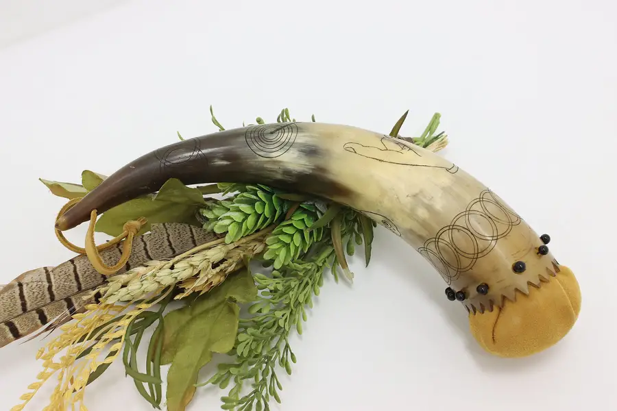 Photo of Folk Art Vintage Engraved Animal Horn w/ Leather
