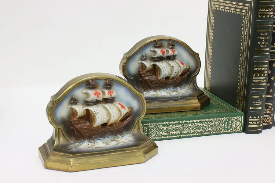 Photo of Pair of Vintage Painted Brass Spanish Galleon Ship Bookends