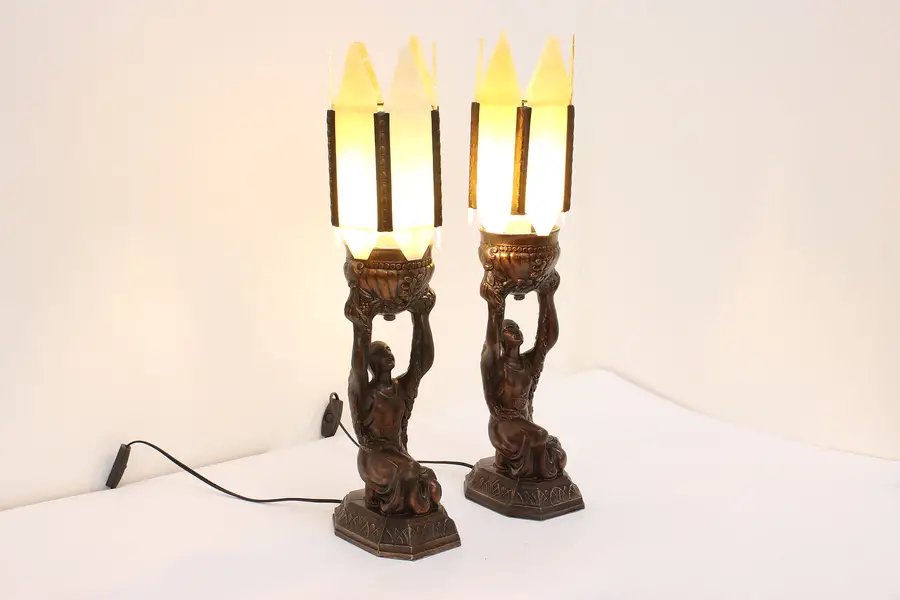 Photo of Pair of Art Deco Stained Glass Lamps Female Sculptures