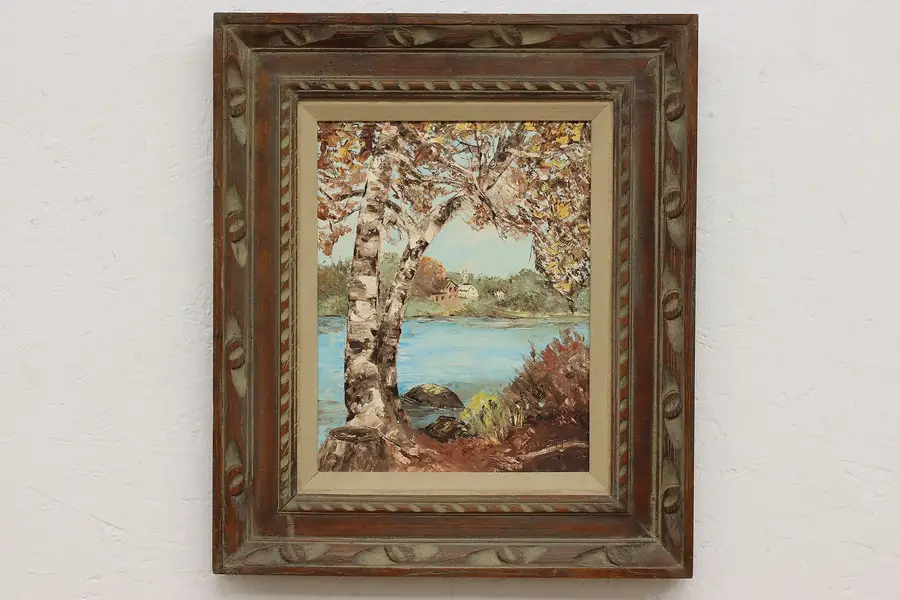 Photo of Forest Village & Lake Vintage Original Oil Painting 22"