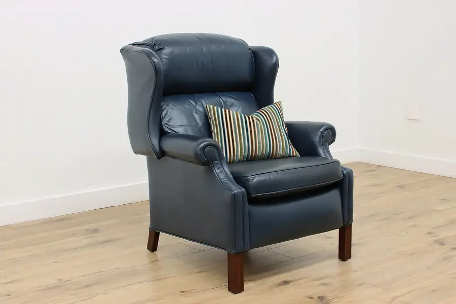 Photo of Bradington Vintage Blue Leather Wingback Recliner Chair