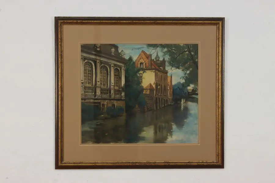 Photo of European City on Canal Vintage Original Pastel Painting 32"