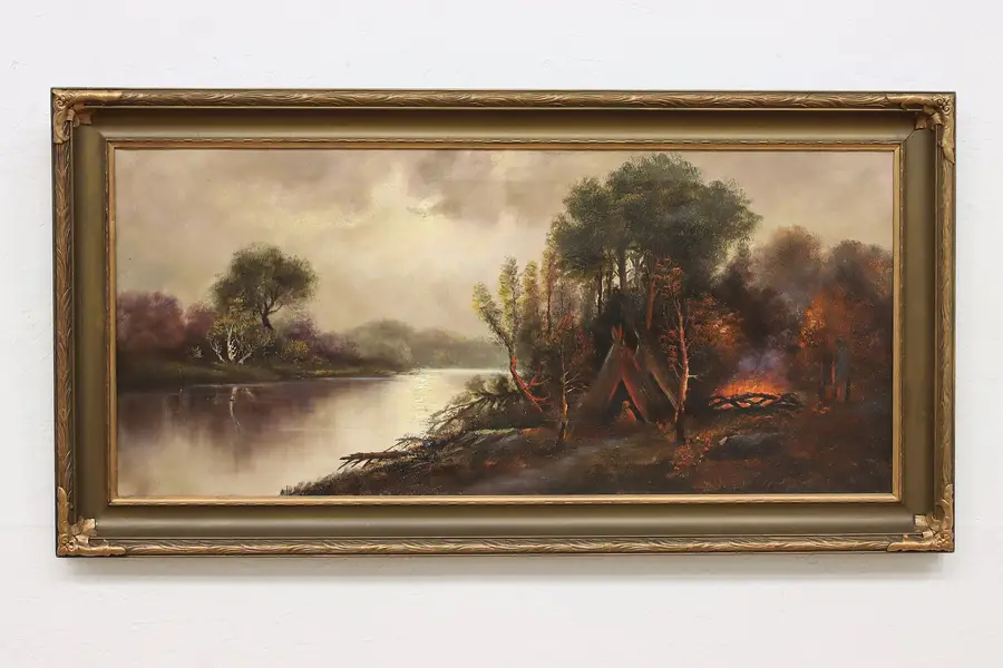 Photo of Indian Camp Antique Original Oil Painting Dixon 45.5"