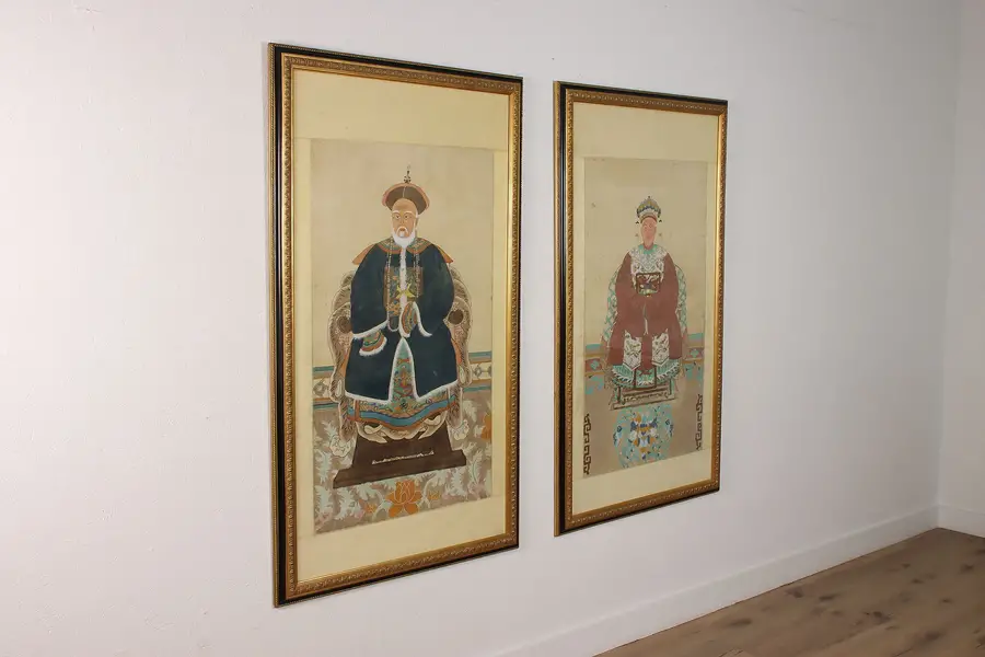 Photo of Pair of Antique Framed Chinese Emperor Silk Portraits 61"