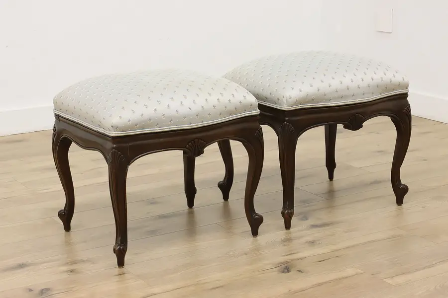 Photo of Pair Vintage Country French Carved Birch Footstools, Shells