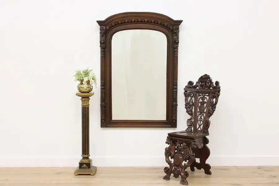 Photo of Renaissance Antique Carved Walnut Wall Mirror, Dragons 56"