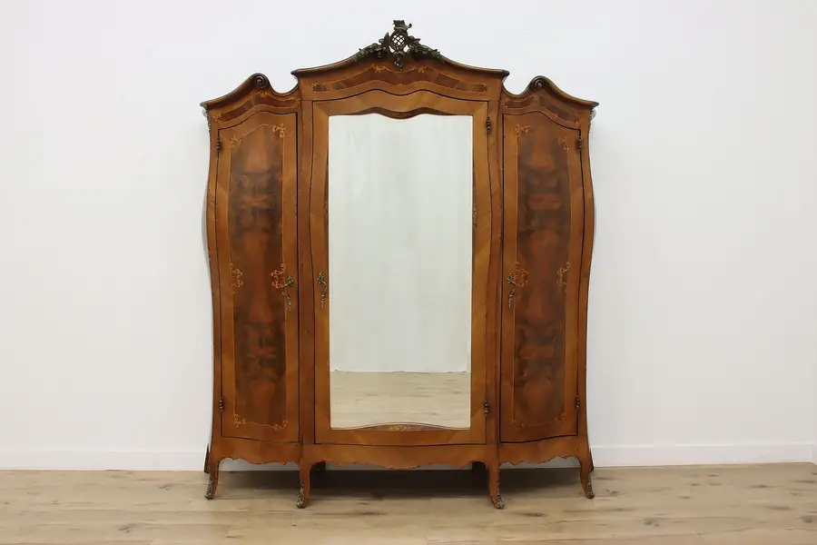 Photo of Italian Bombe Antique Walnut Triple Armoire Wardrobe Mirror