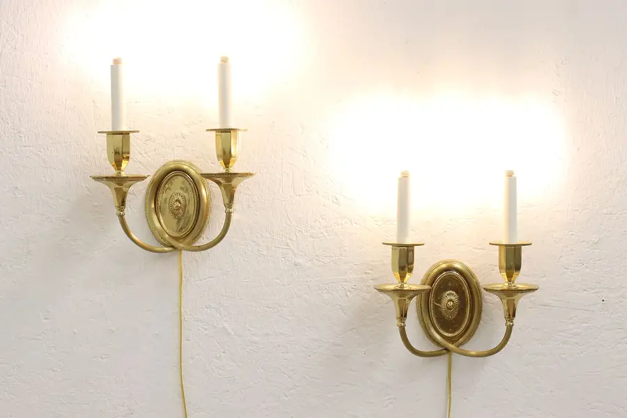 Photo of Pair of Vintage Traditional Brass 2 Arm Wall Sconces, UL