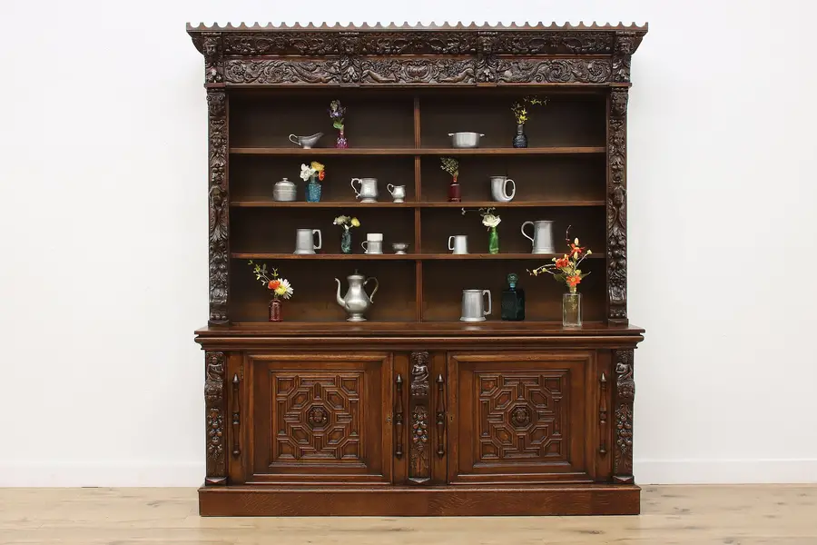 Photo of Renaissance Antique Carved Oak Bookcase Cabinet Salvage 1664