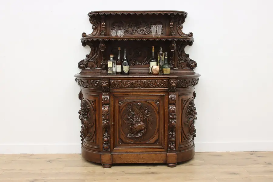 Photo of Black Forest Antique Carved Oak Bar Cabinet Sideboard Lions