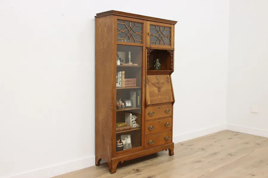 Photo of Victorian Antique Oak Side by Side Secretary Desk & Bookcase