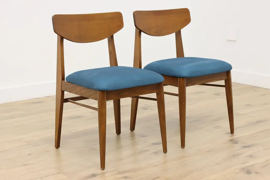 Photo of Pair Midcentury Modern Vintage Ash Side Chairs, Blue Leather