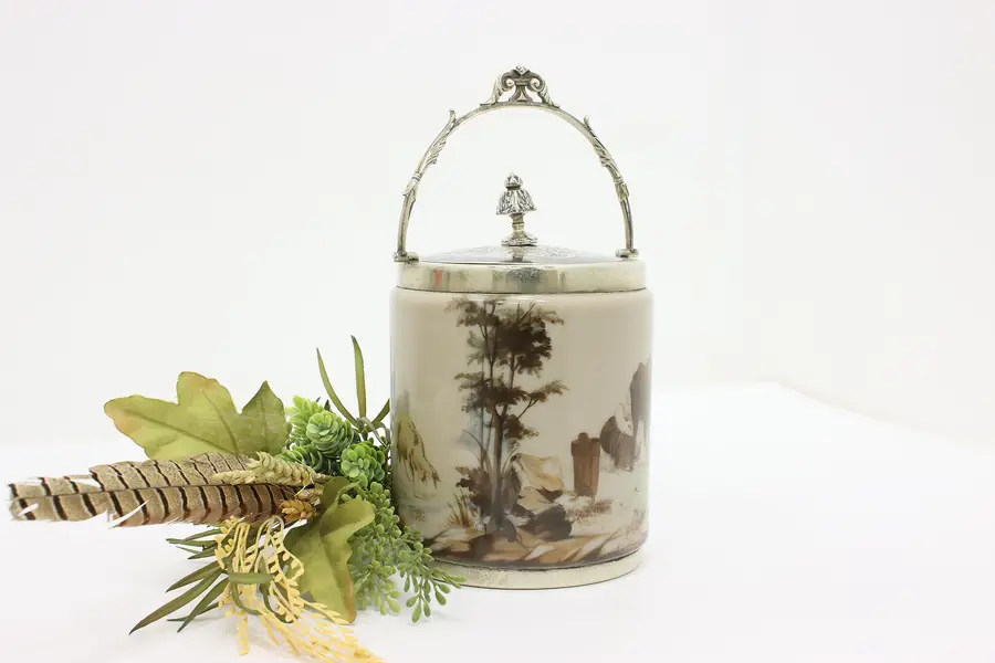 Photo of German Antique Painted Glass Silverplate Biscuit Jar Farmers
