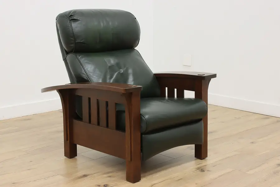 Photo of Craftsman Emerald Leather & Oak Reclining Chair, Stickley