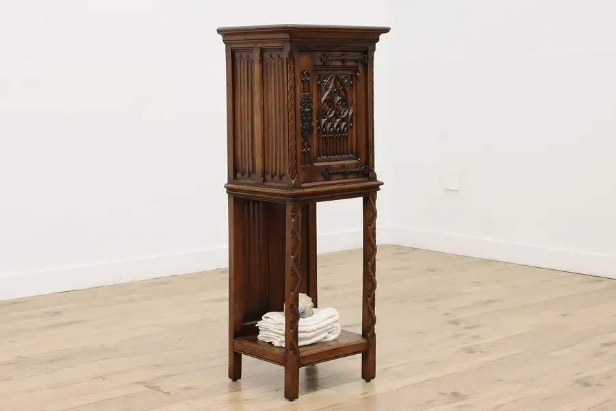 Photo of Gothic Antique Carved Walnut Bar Bath or Hall Cabinet