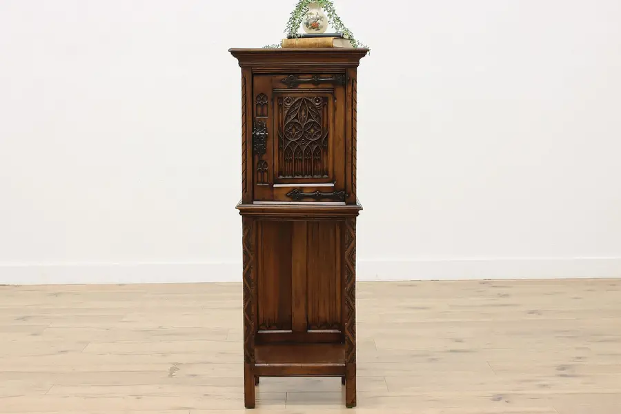 Photo of Gothic Antique Carved Walnut Bar Bath or Hall Cabinet